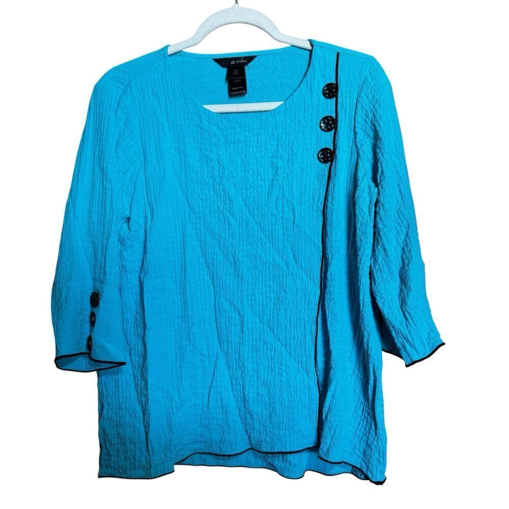 Ali Miles Tunic Top Women Petite Medium PM Blue Gauze Lagenlook Artsy Blouse